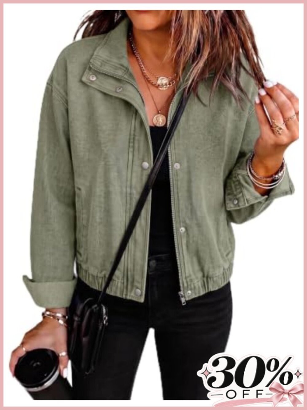 Cropped Oversized Zip Up Denim Bomber Jacket with Stand Collar Snap Details